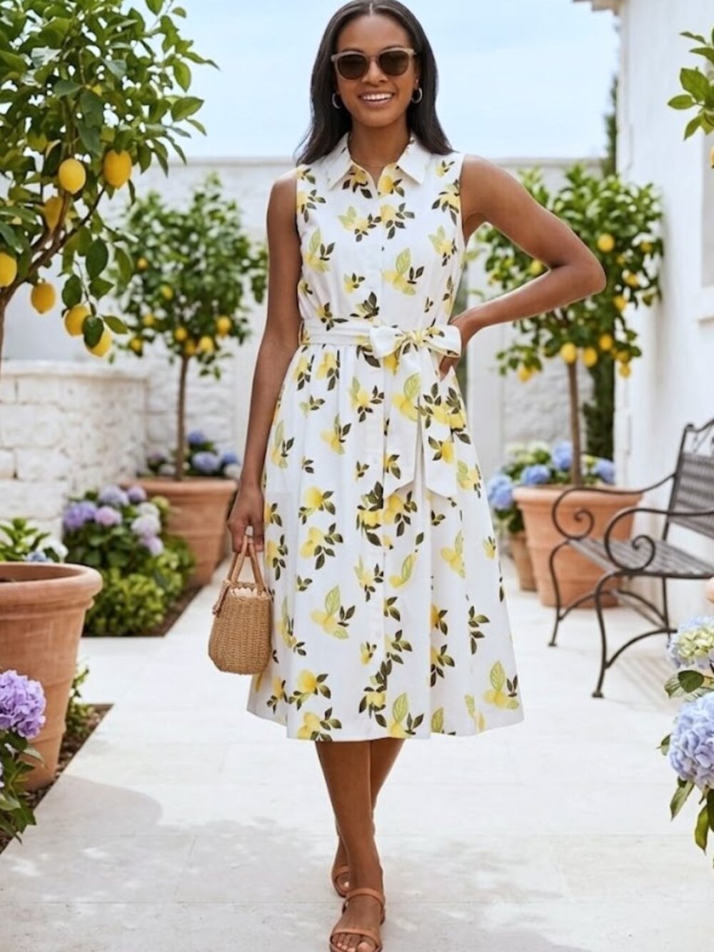 J Jason Wu Novelty Lemon Printed Belted Women's Button Down Shirt Dress Large